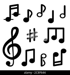 Note musicali isolate su sfondo bianco. Segni di notazione musicale, treble clef. Segno vettoriale per la melodia dell'illustrazione. Illustrazione Vettoriale