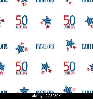 Cinquanta e favoloso sfondo di pattern vettoriali senza giunture di testo. Blu rosso bianco tipografia moderna su sfondo bianco con gruppi di stelle. Stampa completa Illustrazione Vettoriale