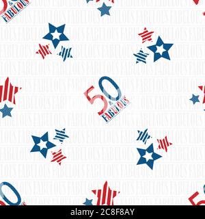 Cinquanta e favoloso sfondo di pattern vettoriali senza giunture di testo. Blu rosso bianco tipografia moderna su sfondo bianco con una sottile trama di parole. Diagonale tutto Illustrazione Vettoriale