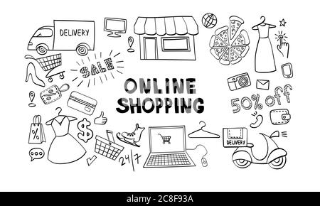 Set di icone disegnate a mano per lo shopping online. Elementi Doodle isolati su sfondo bianco. Illustrazione vettoriale. Illustrazione Vettoriale