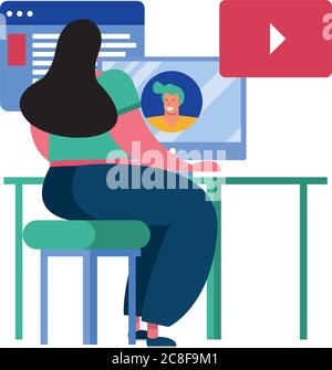 giovane donna che usa la tecnologia di connessione desktop disegno vettoriale di caratteri illustrazione Illustrazione Vettoriale