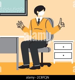 uomo d'affari indossa maschera e mantiene la distanza in ufficio disegno vettoriale illustrazione Illustrazione Vettoriale