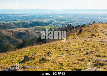 La vista sulla città di Christchurch vista dalla Thomson Scenic Reserve, Port Hills, Nuova Zelanda Foto Stock