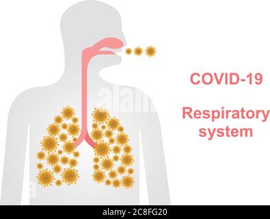 Effetto delle coronavirus sul sistema respiratorio umano e sui polmoni, spazio di copia, disegno del banner di Coronavirus con polmoni infetti e sistema respiratorio. Illustrazione Vettoriale