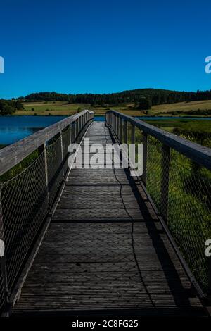 Molo di legno che esce sul lago in estate, Lozere, francia . con cielo blu Foto Stock