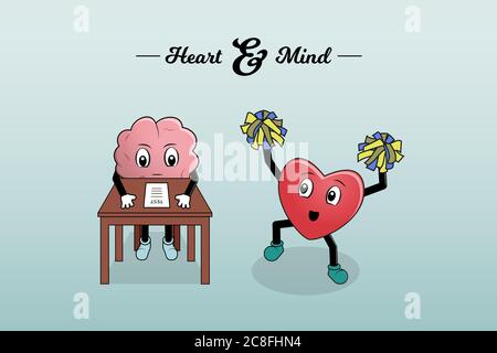 La mente sta facendo un test mentre il cuore lo incoraggia. Illustrazione semplice vettoriale Illustrazione Vettoriale