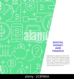 Banner digitale con posto per testo. Poster con criptovaluta con simboli di bitcoin e monete digitali in linea. Illustrazione vettoriale. Illustrazione Vettoriale