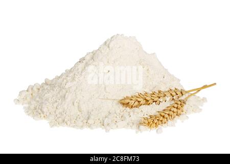 farina con orecchio di grano isolato su bianco Foto Stock