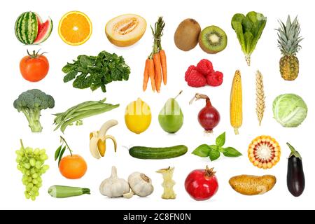 raccolta di frutta e verdura isolata su bianco Foto Stock