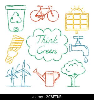 Collezione di icone ecologiche in stile disegnato a mano. Pensate alla scritta verde. Energia rinnovabile, trasporto ecologico e altri simboli isolati su sfondo bianco Illustrazione Vettoriale