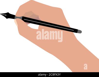vista sopra la penna stilografica con la mano isolata su sfondo bianco Illustrazione Vettoriale
