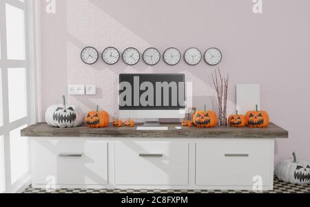 Illustrazione 3D .computer desktop mockup in un salotto decorazione Halloween. Zucche bianche e nere . Rendering 3D Foto Stock