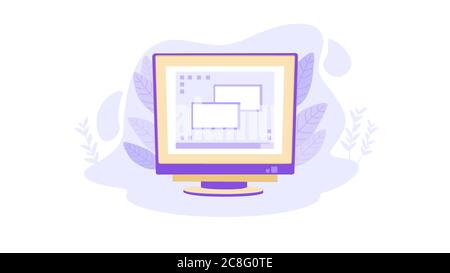 Personal computer in stile piatto. Moderne tecnologie elettroniche nel lavoro e giochi intelligenti online. Illustrazione Vettoriale