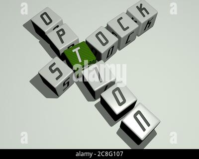 Crosswords di STOCK OPTION disposti da lettere cubiche su un pavimento di specchio, significato di concetto e presentazione. Illustrazione e disegno. Illustrazione 3D Foto Stock