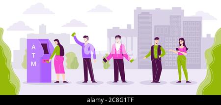 Coda di persone per l'illustrazione ATM. Gruppo di uomini e donne in piedi per linea per prelevare denaro. Illustrazione Vettoriale
