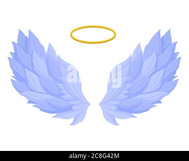 Ali di angelo con nimbus. Sacre ali blu della libertà celeste con corona dorata al centro. Illustrazione Vettoriale