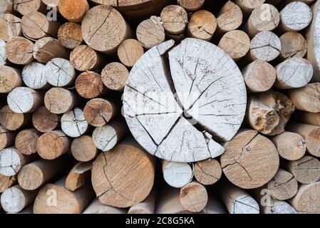 Pila di legna da ardere. Sfondo in legno naturale. Foto Stock