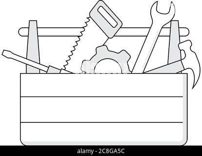 Icona a linea piatta della cassetta degli attrezzi che include martello, ingranaggio, chiave, sega e cacciavite Illustrazione Vettoriale