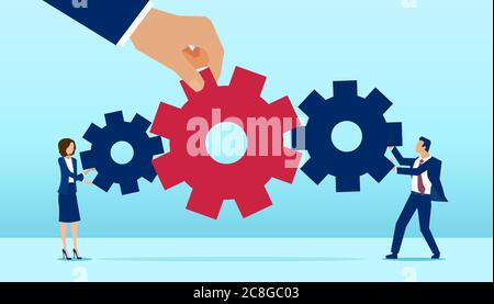 Vettore di una grande mano che collega le persone aziendali con gli attrezzi per collaborare con successo Illustrazione Vettoriale