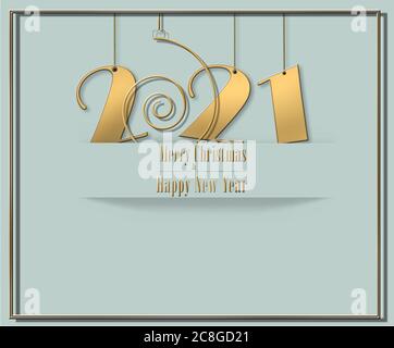 Elegante carta di lusso 2021 buon Natale Felice anno nuovo in colore verde pastello con testo dorato lucido 2021 e spirale oro. Illustrazione 3D Foto Stock