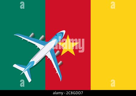 Vettore immagine di un aereo passeggeri che sorvola la bandiera del Camerun. Concetto di turismo e di viaggio Illustrazione Vettoriale