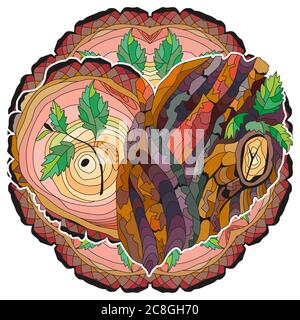 Vector Adult Coloring Book Textures con struttura di corteccia di albero. Disegno artistico dipinto a mano con mandala. Illustrazione Vettoriale