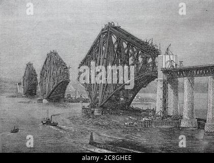 Costruzione del Forth Bridge, un ponte ferroviario a sbalzo che attraversa il Firth of Forth, nella parte orientale della Scozia, 1888 Foto Stock