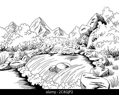 Mountain River grafica nero bianco disegno paesaggio vettore illustrazione Illustrazione Vettoriale