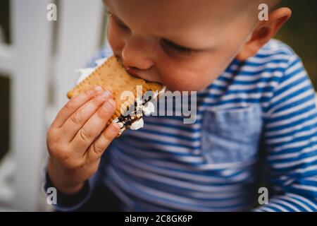 Primo piano di ragazzo che mangia biscotti e marshmallows smores Foto Stock