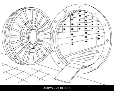 Bank vault Safe interno grafico nero bianco illustrazione dello schizzo vettore Illustrazione Vettoriale