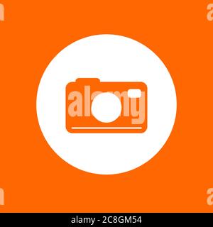 Cartello con la fotocamera. In cerchio bianco su sfondo arancione Illustrazione Vettoriale