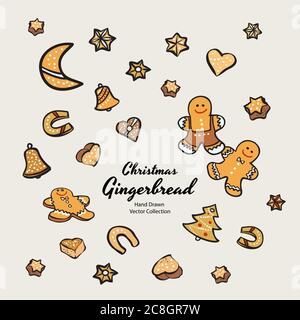 Set di biscotti natalizi con pan di zenzero illustrazione vettoriale disegnata a mano. Biscotti marzapane vintage tradizionali Illustrazione Vettoriale