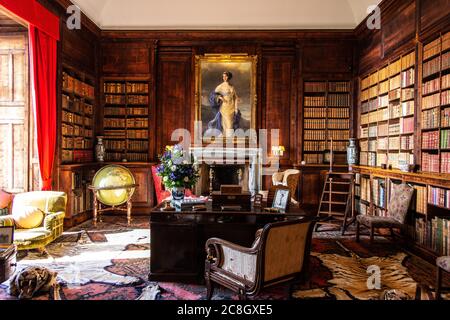 Bella camera d'ufficio in stile antico con molti libri antichi, una scrivania, sedie, tappeti e un globo d'epoca. Studio vintage con pareti in velluto rosso. Foto Stock