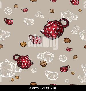 Teiere, tazze e biscotti modello senza cuciture disegnato a mano in vecchio stile. Illustrazione del vettore del tempo del tè. Modello di cibo Illustrazione Vettoriale