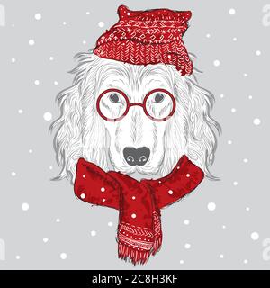 Husky in un cappello, sciarpa e occhiali di stile. Un cane pedigree in abiti e accessori. Moda e stile. Illustrazione vettoriale. Illustrazione Vettoriale