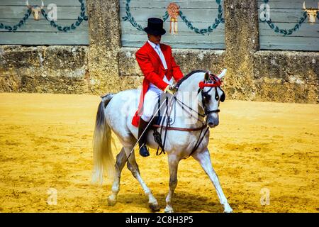 Ronda, Spagna - 06 settembre 2015: L'uomo esegue acrobazie a cavallo bianco durante la stagione di Feria in Andalusia celebrando il Festival Pedro Romero, una celebrazione Foto Stock