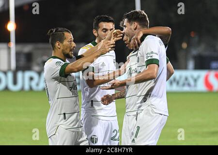 Orlando Florida USA . 23 luglio 2020. I giocatori di Portland Timbers festeggiano il gol durante il torneo MLS is Back all'ESPN Wild World of Sport di Orlando, Florida USA. Foto: Marty Jean-Louis Foto Stock