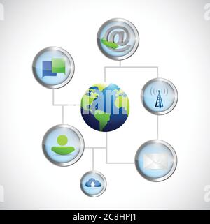 Disegno grafico di comunicazione della tecnologia globo su sfondo bianco Illustrazione Vettoriale