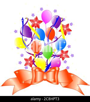 sfondo di compleanno con arco, palloncini, nastri. illustrazione vettoriale Illustrazione Vettoriale
