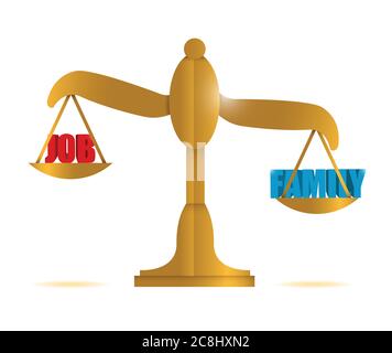 Disegno dell'illustrazione dell'equilibrio di famiglia rispetto al lavoro su uno sfondo bianco Illustrazione Vettoriale