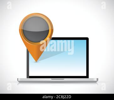 Design dell'illustrazione del laptop e del puntatore di localizzazione su sfondo bianco Illustrazione Vettoriale