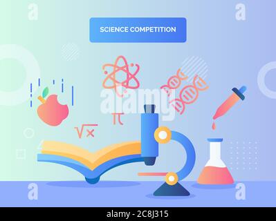 Microscopio in libro aperto davanti tubo di pipetta fondo chimico di dna atomo icona mela biten caduta scienza concorrenza con stile piatto. Illustrazione Vettoriale