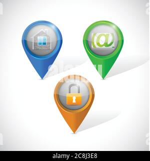 Disegno di illustrazione di puntatori di casa, blocco e e-mail su sfondo bianco Illustrazione Vettoriale