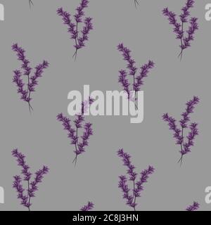cute e delicato motivo senza giunture con fiori di lavanda su sfondo lilla Illustrazione Vettoriale