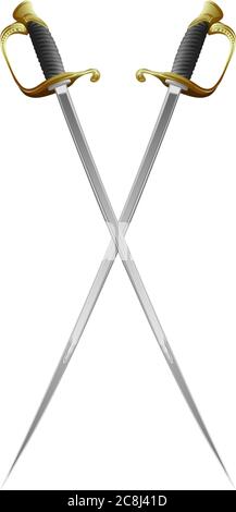 illustrazione vettoriale di due spade incrociate realistiche con manico dorato Illustrazione Vettoriale