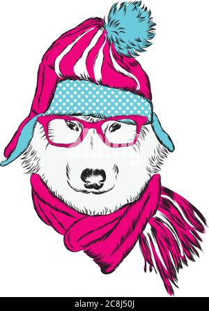 Husky in un cappello, sciarpa e occhiali di stile. Un cane pedigree in abiti e accessori. Moda e stile. Illustrazione vettoriale. Illustrazione Vettoriale