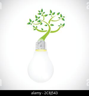 Bulbo luminoso e albero verde crescente. Disegno di illustrazione su uno sfondo bianco Illustrazione Vettoriale