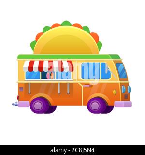 Camion cibo tradizionale messicano Taco. Icona del veicolo illustrazione vettoriale stile cartoon Illustrazione Vettoriale