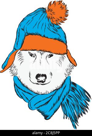 Husky in un cappello, sciarpa e occhiali di stile. Un cane pedigree in abiti e accessori. Moda e stile. Illustrazione vettoriale. Illustrazione Vettoriale