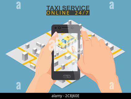 Servizio taxi isometrico. Set di modelli di app per taxi mobile. Smartphone con mappa della città e posizione in auto gialla punti. Ordine di applicazioni mobili online Illustrazione Vettoriale